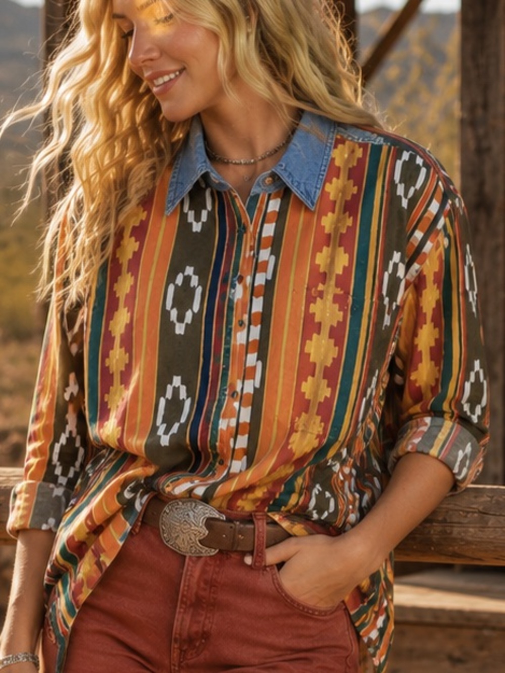 🏜️ VINTAGE | ilio | SOUTHWESTERN TRIBAL | Button Shirt | 100% COTTON | size M